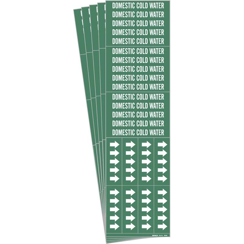 DOMESTIC COLD WATER Pipe Marker Sty 3C Arrows WT on GN 3 per Card, 5 PK
